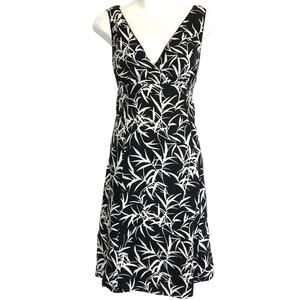 Liz Claiborne Petite Womens White Black 100% Linen Dress V-Neck Babydoll sz 4